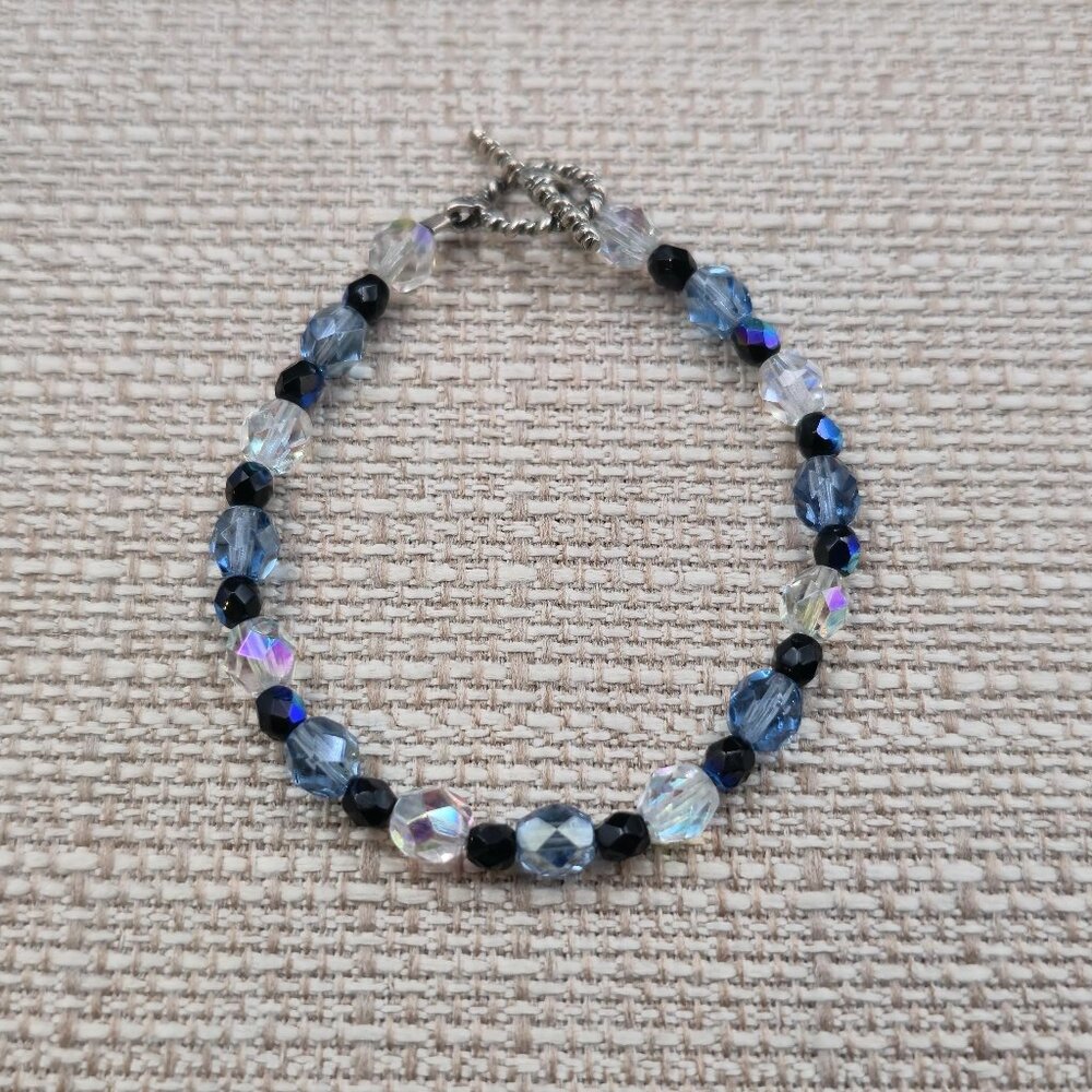 6.5 Inch Sterling Silver Blue Clear Black Crystal Bracelet A6773